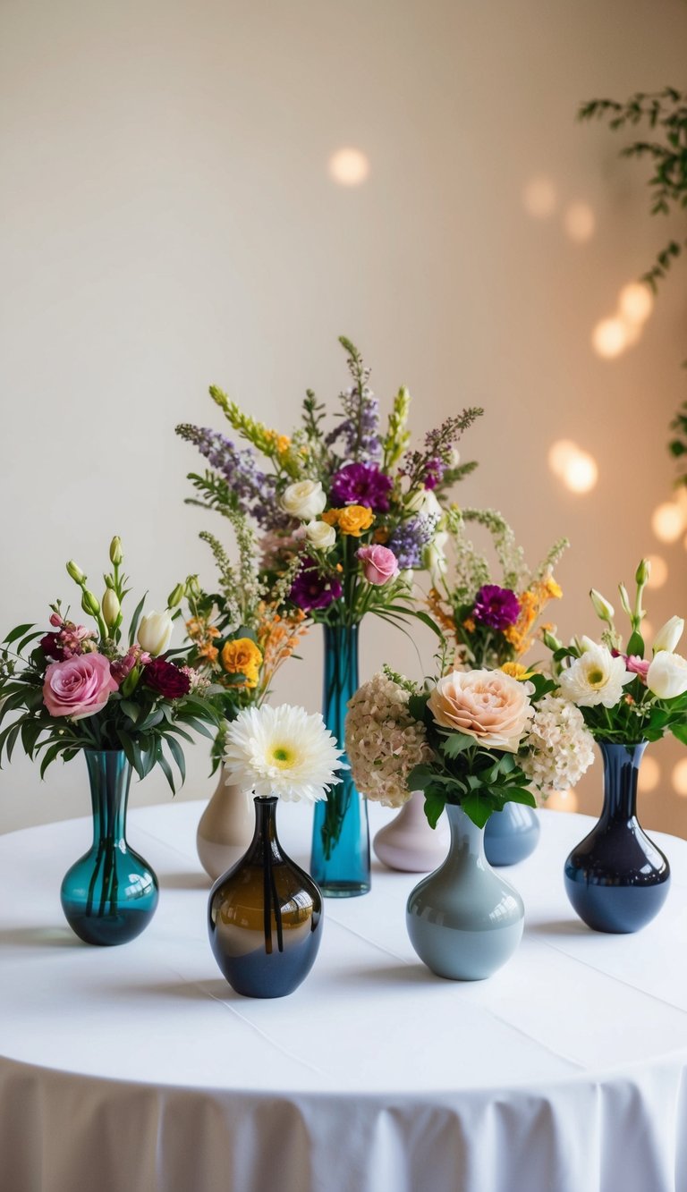 A table with 10 eternal flower arrangements in various vases, featuring a mix of vibrant and muted colors, set against a backdrop of soft natural lighting