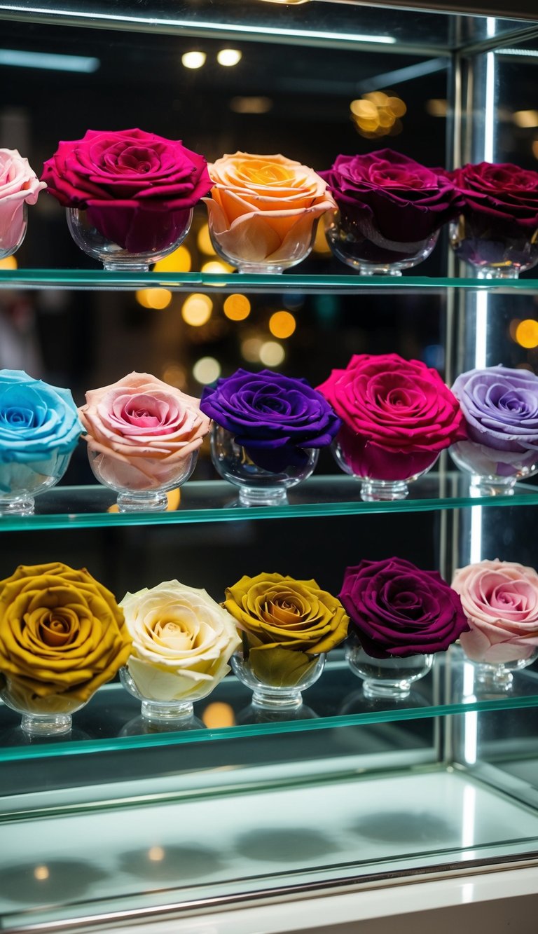 A glass display case holds ten preserved rose arrangements in various colors and sizes, each carefully arranged in an elegant and timeless manner