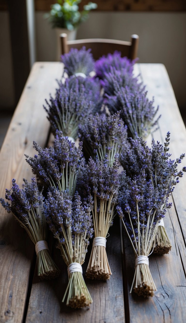 A rustic wooden table adorned with 10 eternal flower arrangements made of dried lavender bunches, creating a serene and timeless atmosphere
