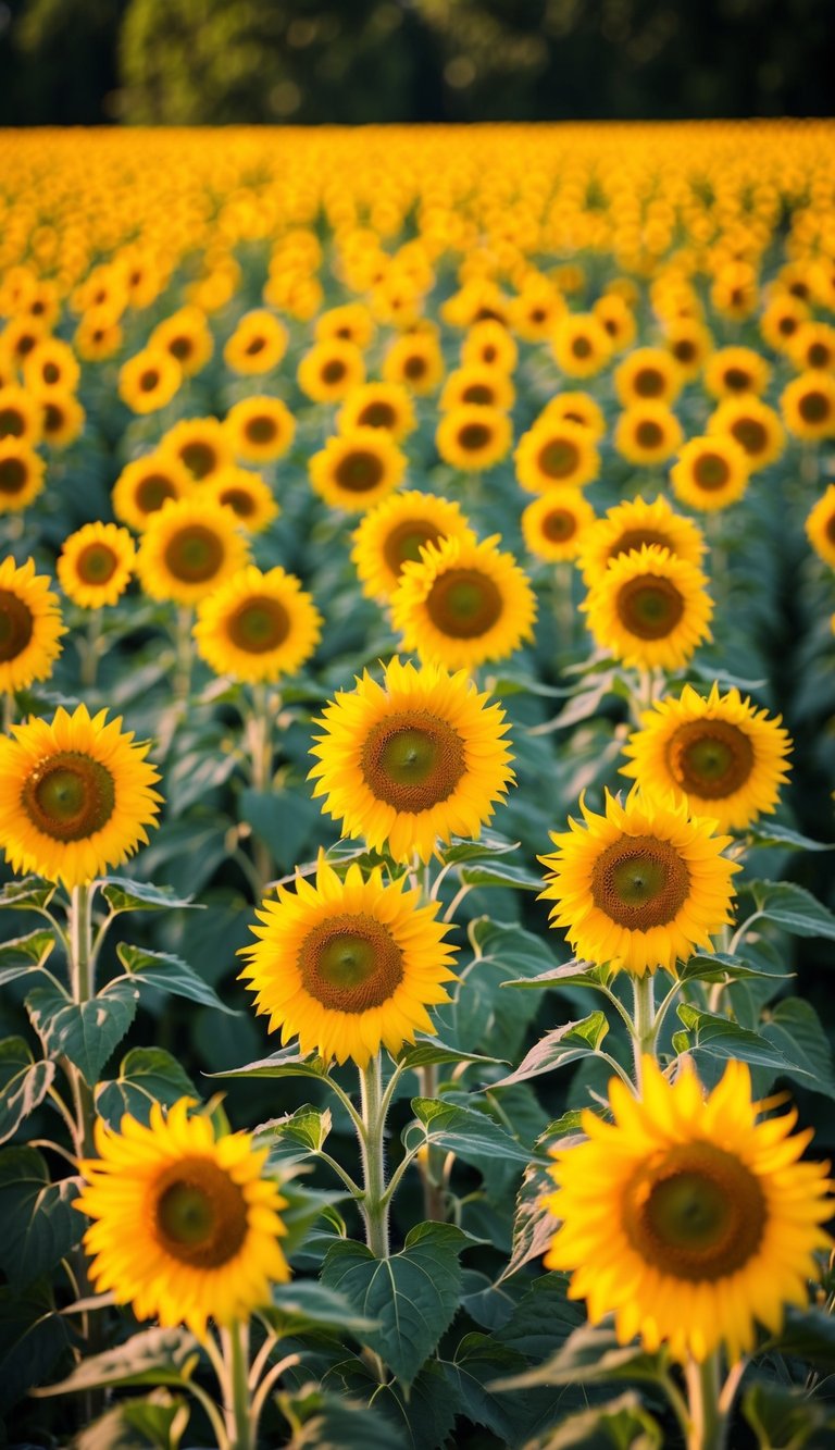 A field of sunflowers glowing eternally in the golden light, arranged in a stunning display of everlasting beauty