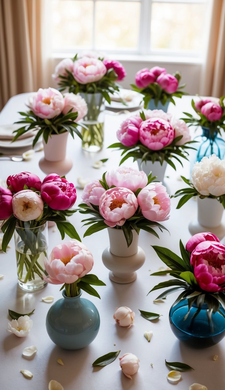 A table with 10 eternal peony flower arrangements in various vases, surrounded by soft natural light and a few scattered fallen petals