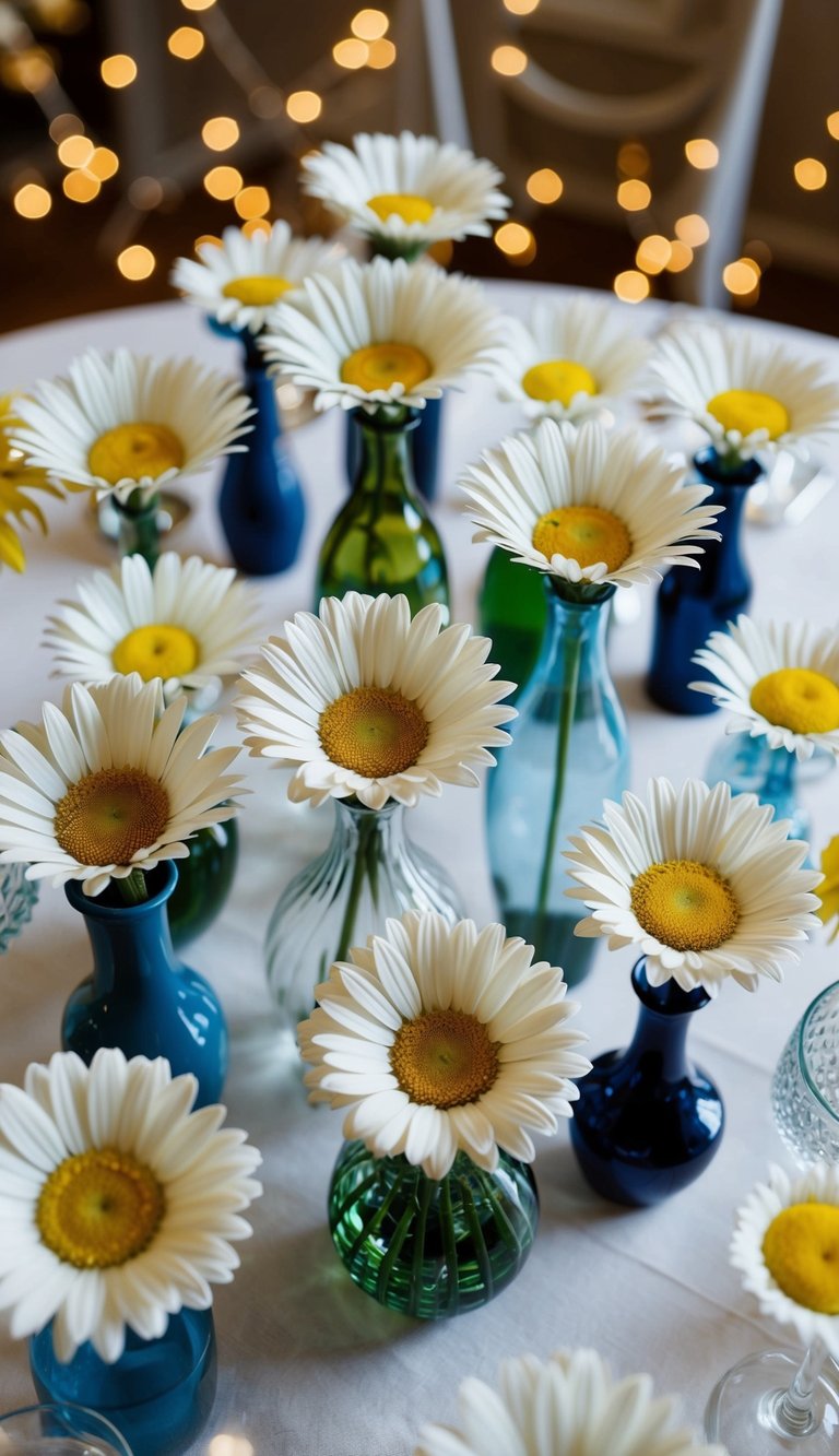 A table adorned with ten eternal daisy arrangements in various vases, surrounded by soft natural light