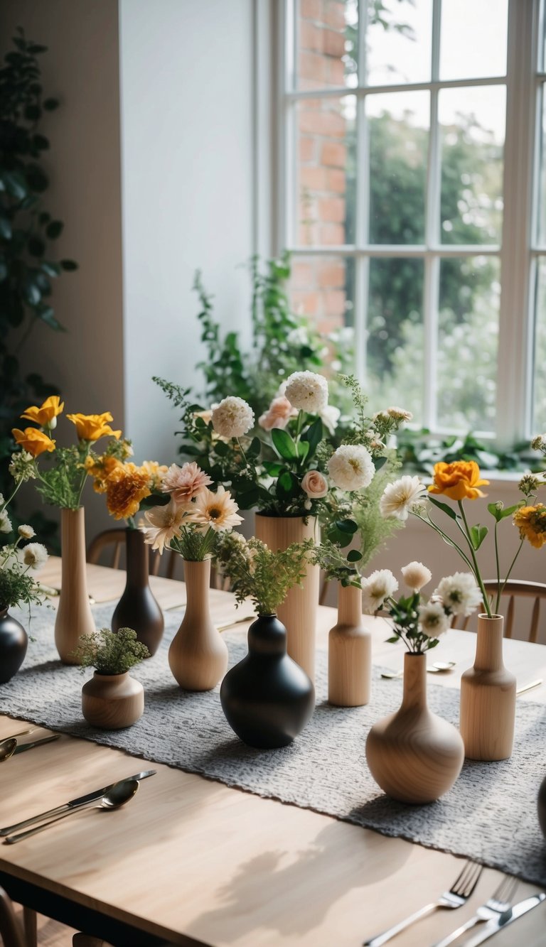 A table with 10 Sola wood flower arrangements in various vases, surrounded by greenery and natural light streaming in from a nearby window