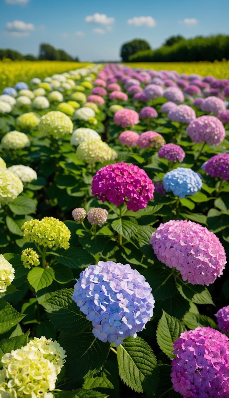 A lush field of hydrangeas in various colors, stretching endlessly under a clear blue sky