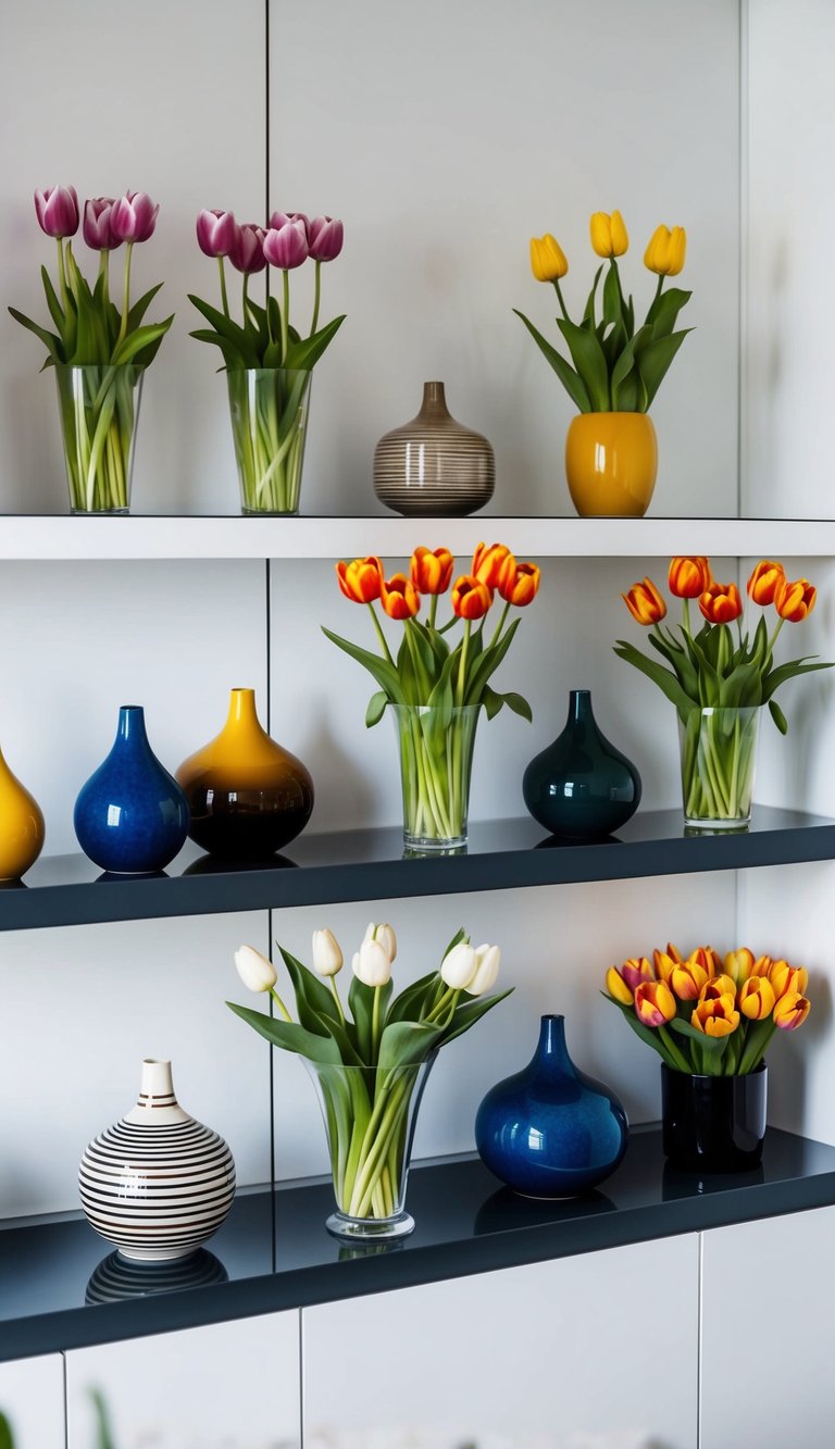 A collection of 10 eternal tulip arrangements in various vases, displayed on a sleek, modern shelf against a white background