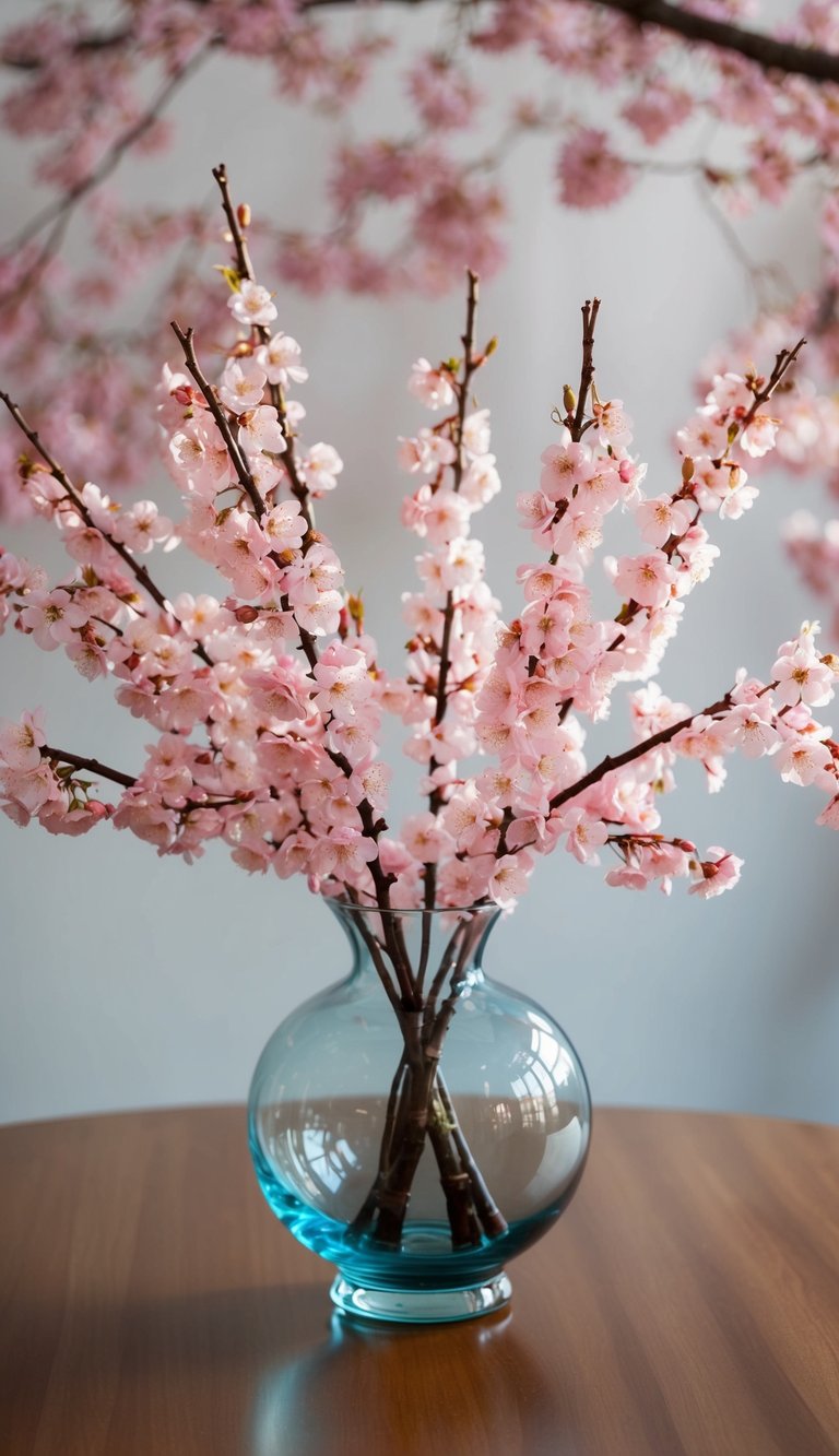 A glass vase holds ten eternal cherry blossom arrangements made of silk