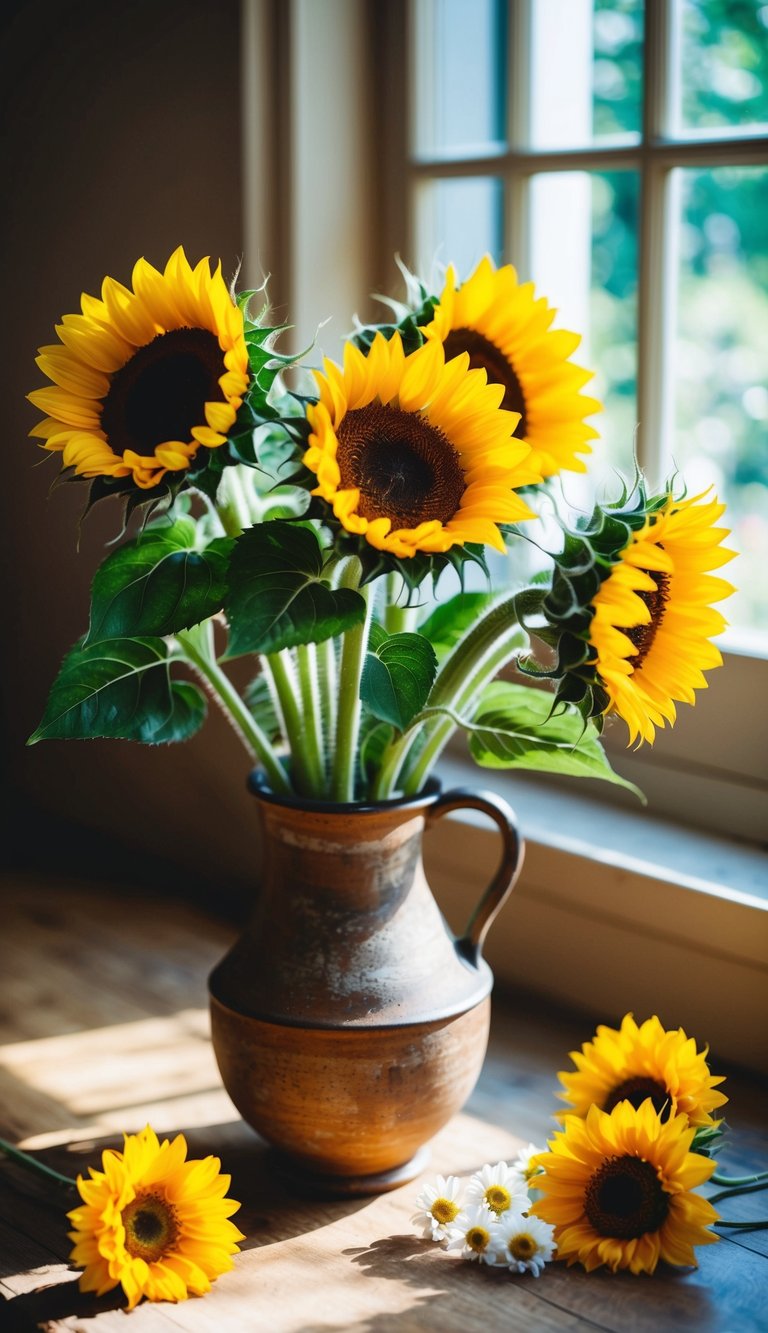 A vibrant sunflower bouquet in a rustic vase, surrounded by smaller yellow and white blooms. Bright sunlight streaming in from a nearby window