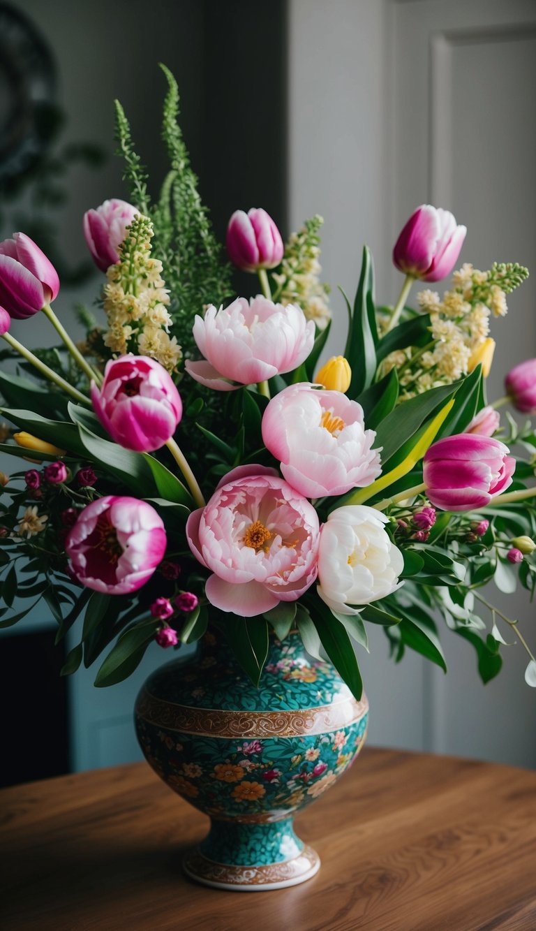 A vibrant bouquet of peonies and tulips arranged in a decorative vase, with lush greenery and delicate blooms