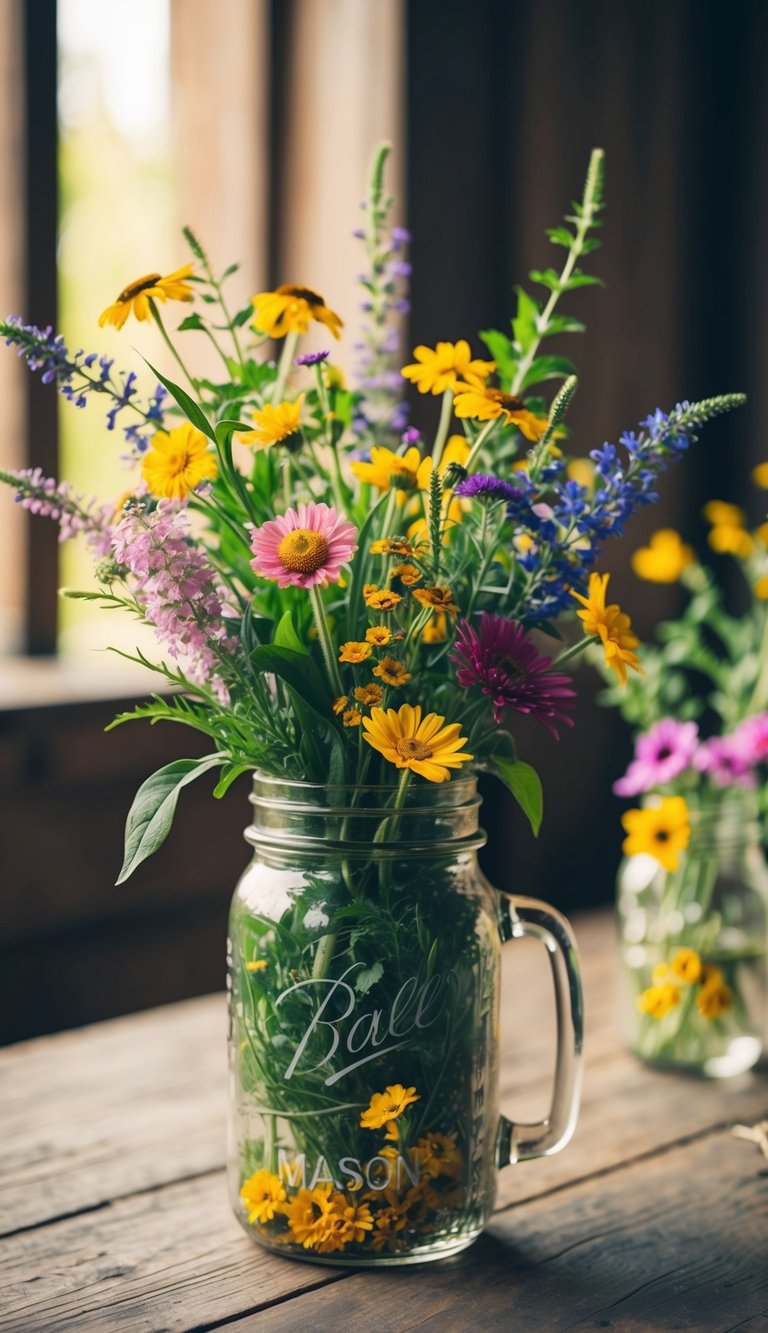 A mason jar filled with a vibrant assortment of wildflowers, arranged in a rustic and charming style, sitting on a wooden table