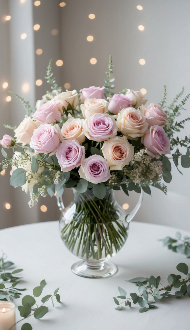 A beautiful bouquet of pastel roses arranged in a glass vase, surrounded by soft lighting and delicate greenery