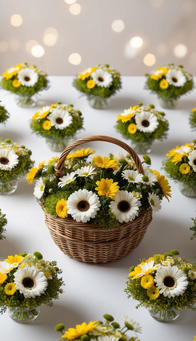 A wicker basket filled with vibrant daisies and greenery, surrounded by nine identical arrangements, all set against a soft, neutral background