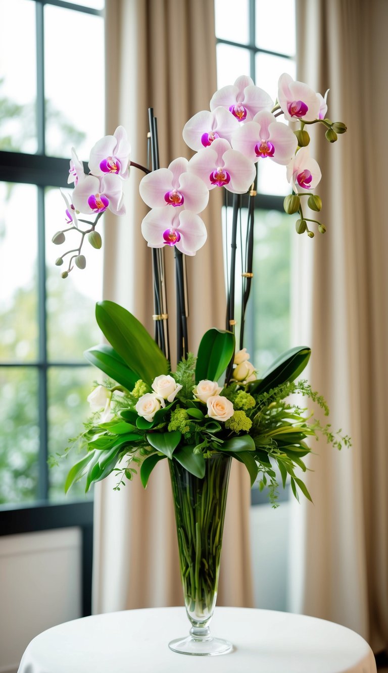 A tall, slender vase filled with delicate orchids and lush greenery, arranged in an elegant and sophisticated manner for Mother's Day