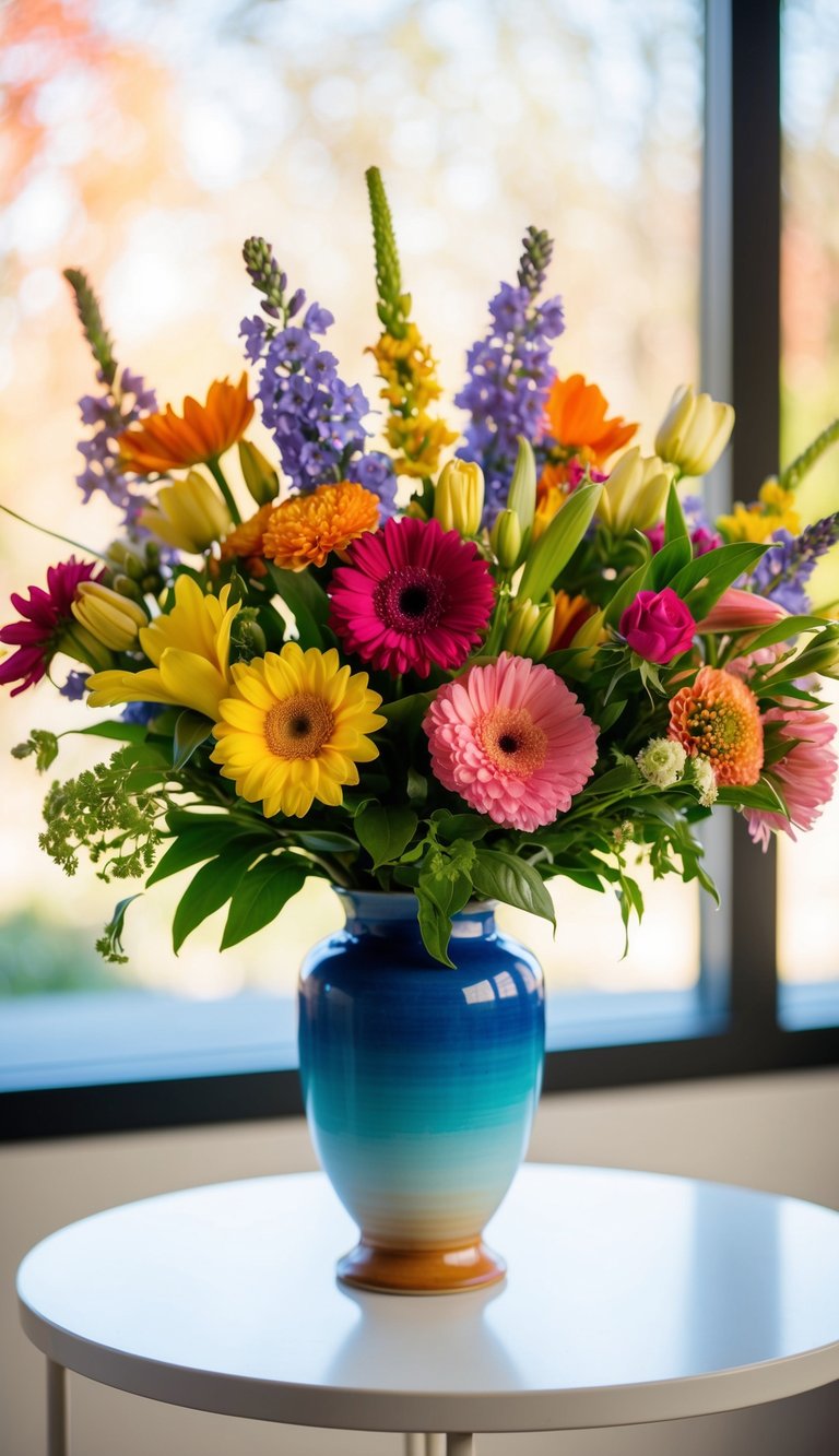A colorful bouquet of mixed seasonal flowers arranged in a vase for Mother's Day