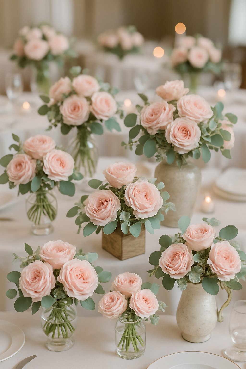 A variety of blush pink garden roses arranged in elegant wedding reception floral centerpieces on a decorated table.