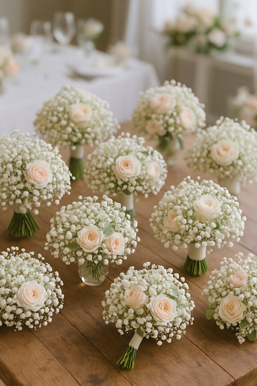Ten elegant wedding bouquets made of baby's breath and soft pastel flowers arranged on a wooden table.