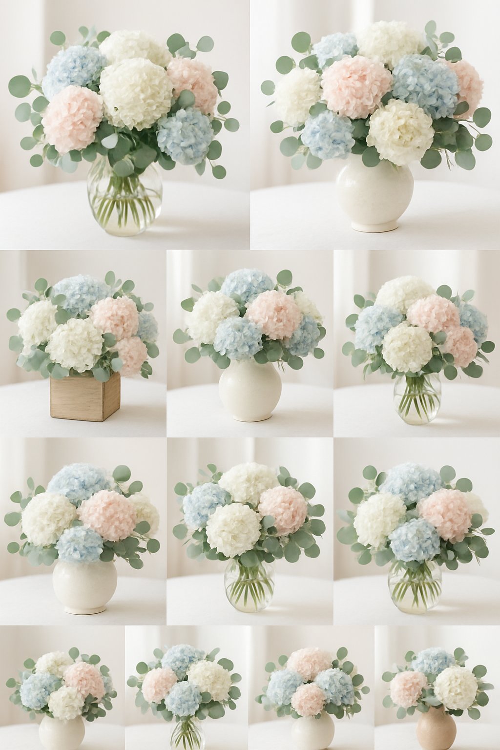 Ten floral arrangements with hydrangeas and eucalyptus leaves displayed in different vases and containers on a bright surface.