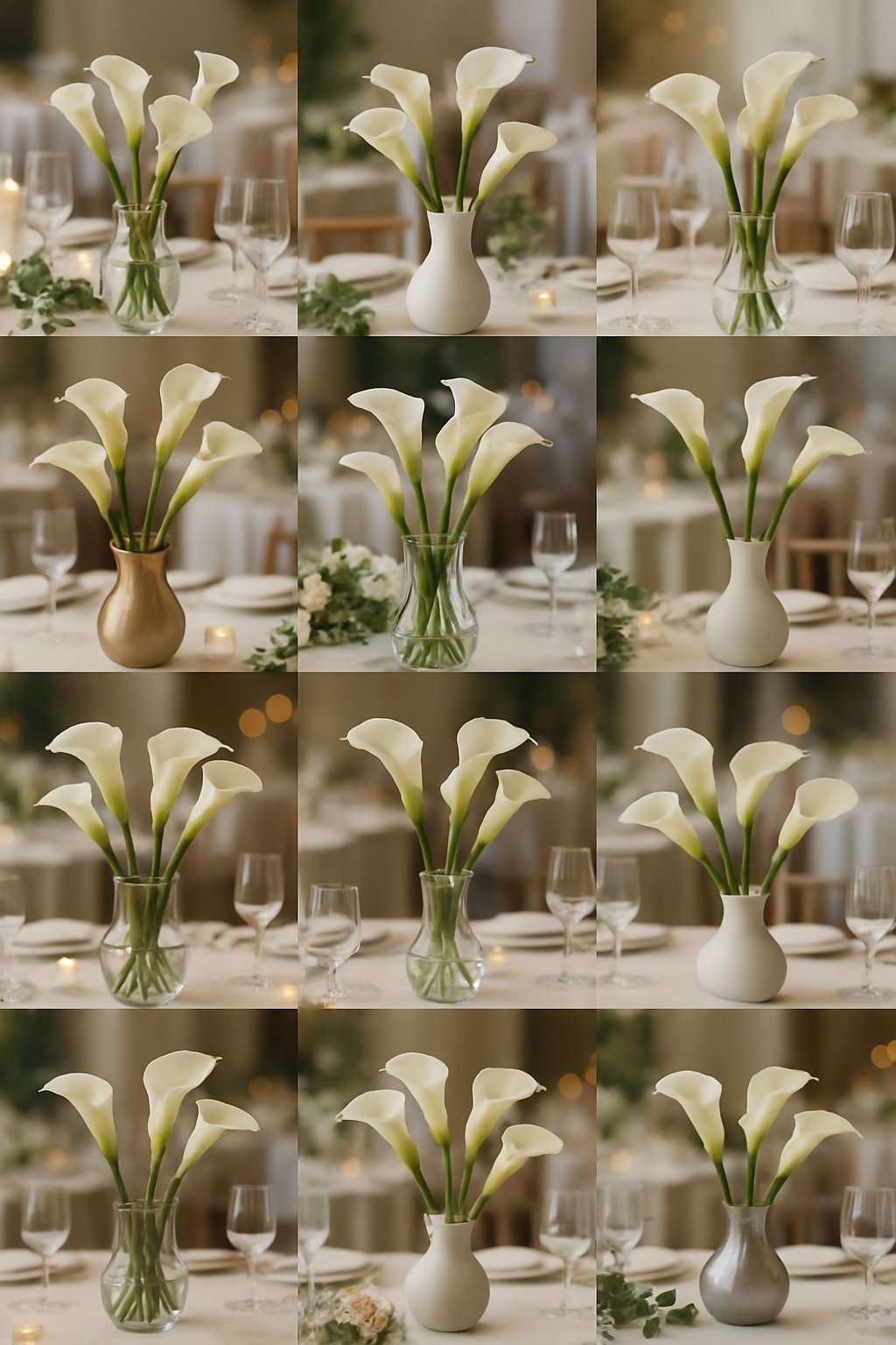 Ten wedding reception tables each decorated with white calla lilies in different vases, surrounded by subtle greenery and soft lighting.