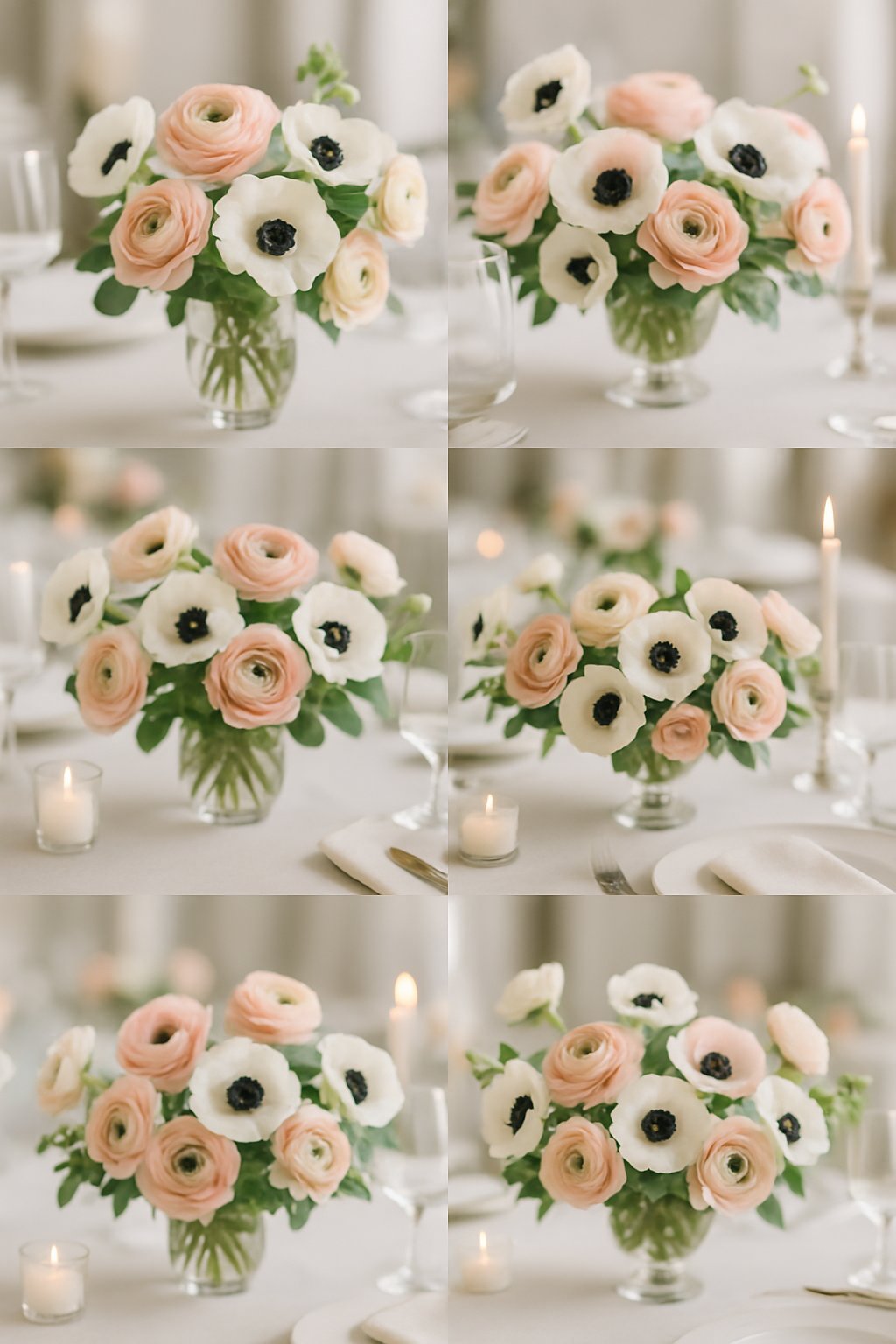 A collection of elegant wedding reception flower arrangements featuring ranunculus and anemone blooms in soft pastel colors with green foliage.