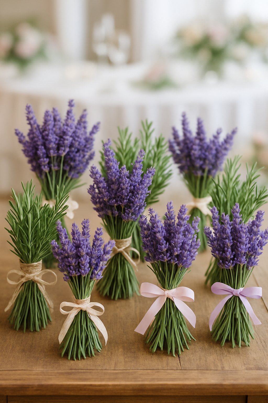 Ten bundles of lavender and rosemary arranged on a wooden table, set in a wedding reception environment.
