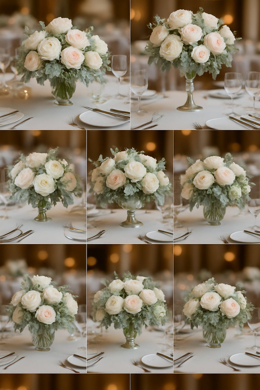 A wedding reception table with ten floral centerpieces featuring silvery-gray dusty miller leaves and white and blush flowers arranged with glassware and silverware.
