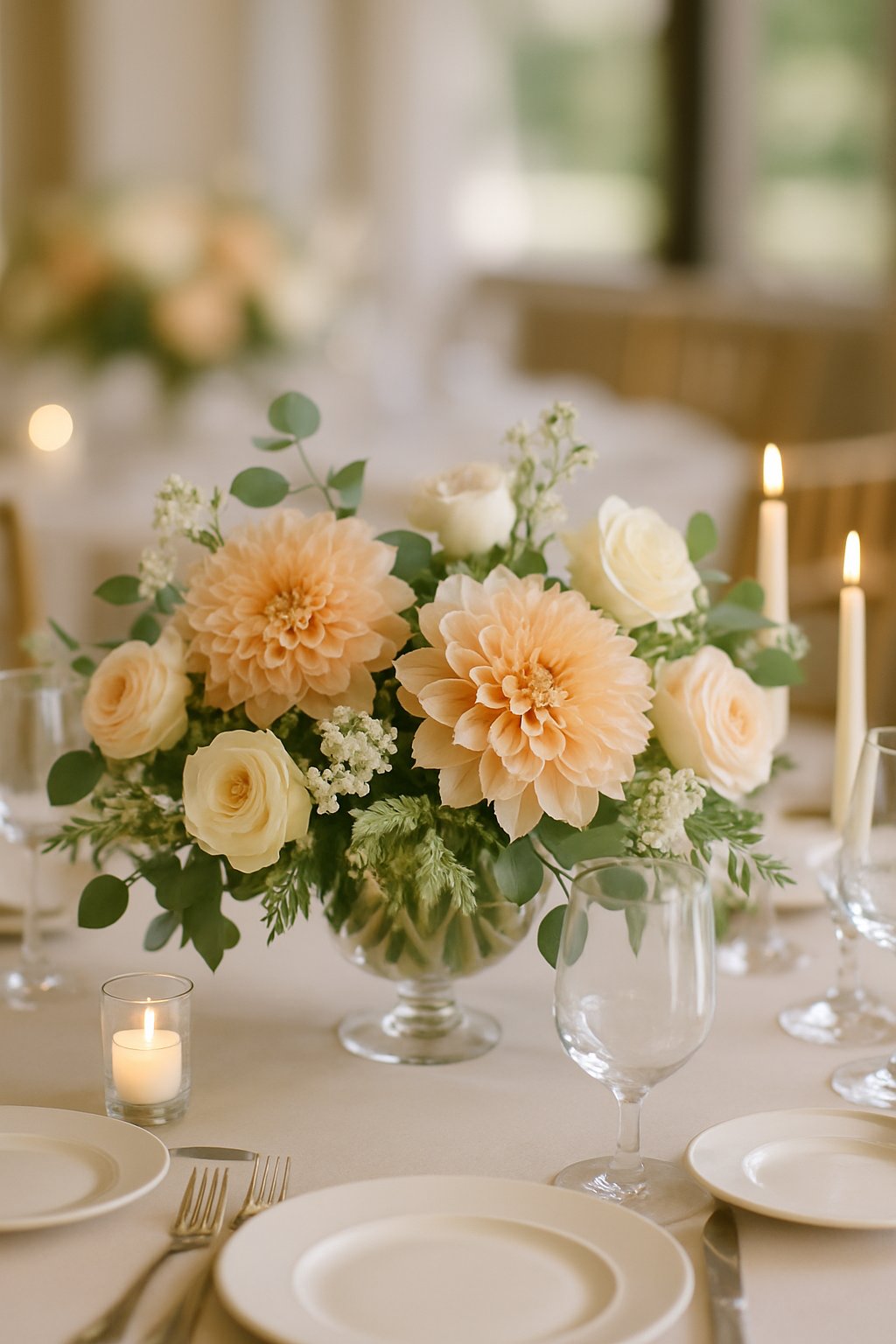 A wedding reception table centerpiece with peach and cream dahlias surrounded by greenery, candles, and elegant table settings.