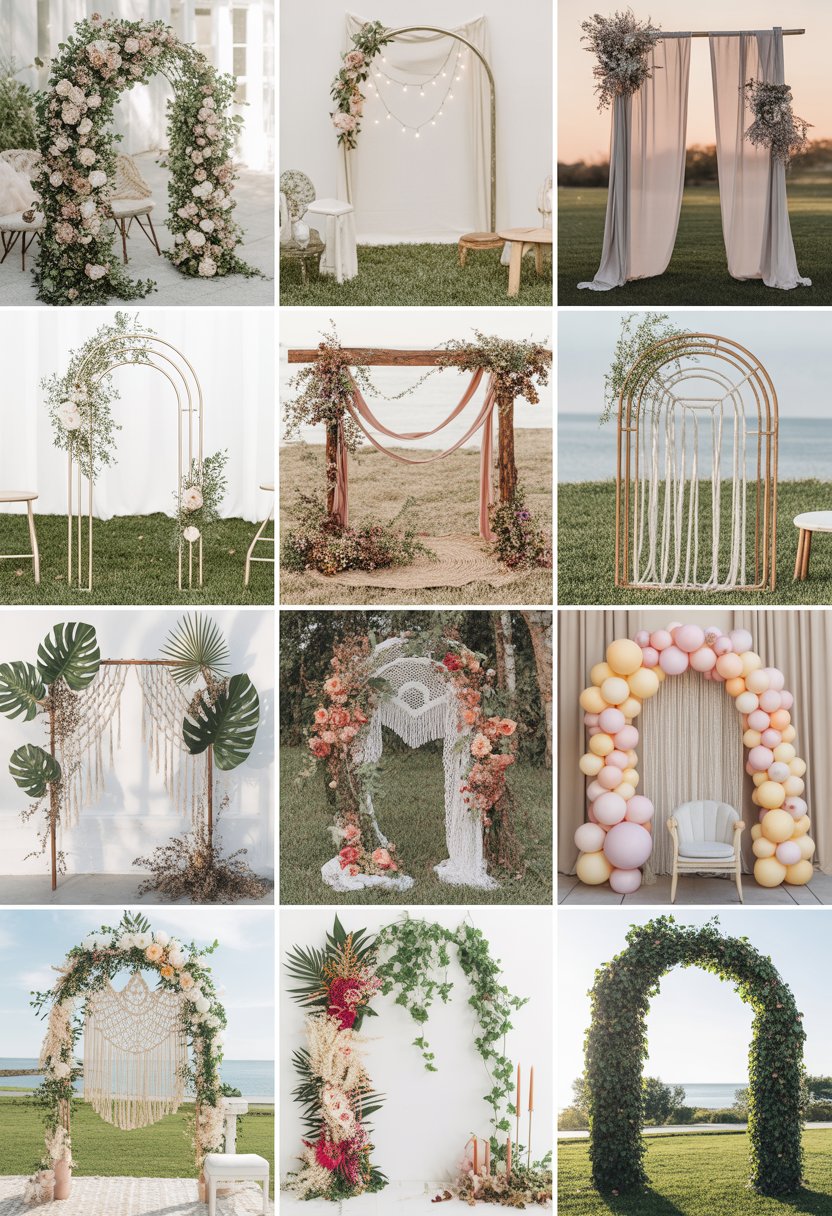 Ten different bridal shower arches decorated with flowers, balloons, drapes, and greenery in an outdoor garden setting.