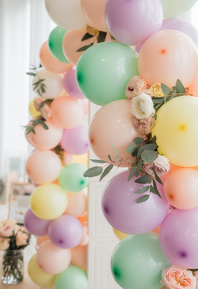 A pastel-colored balloon arch decorated with flowers, set up as a backdrop for a bridal shower.