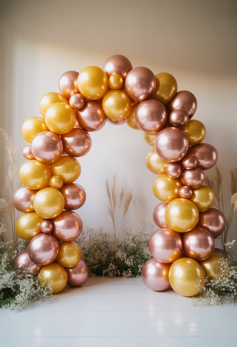 A metallic gold and rose gold balloon arch decorated with white flowers and greenery in an indoor setting.