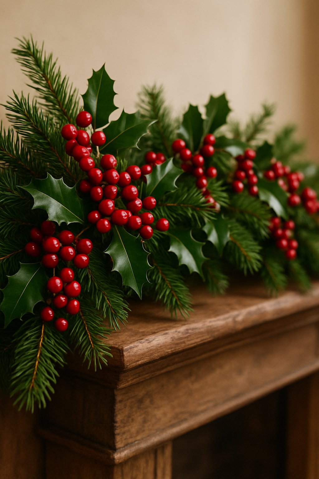 A close-up of a Christmas garland made of pine branches and holly with red berries draped on a wooden mantelpiece.