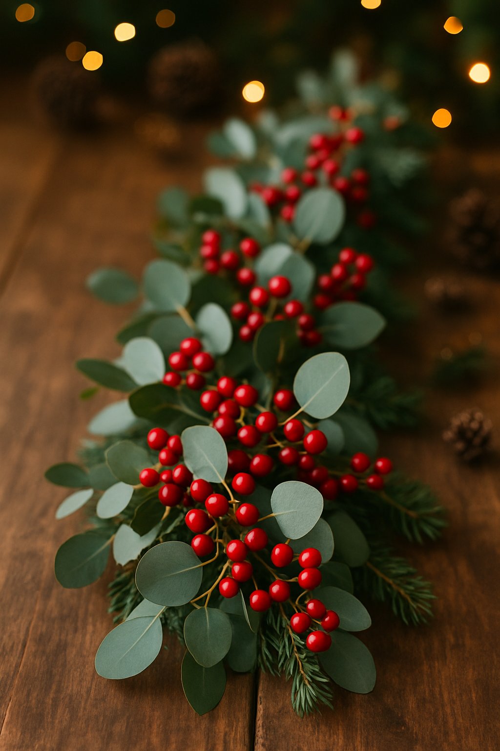 A fresh eucalyptus and red berry garland arranged on a wooden surface with soft lighting.