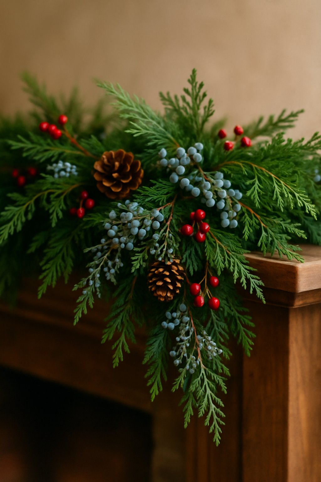 A Christmas garland made of cedar and juniper branches decorated with pine cones and red berries draped over a wooden mantelpiece.