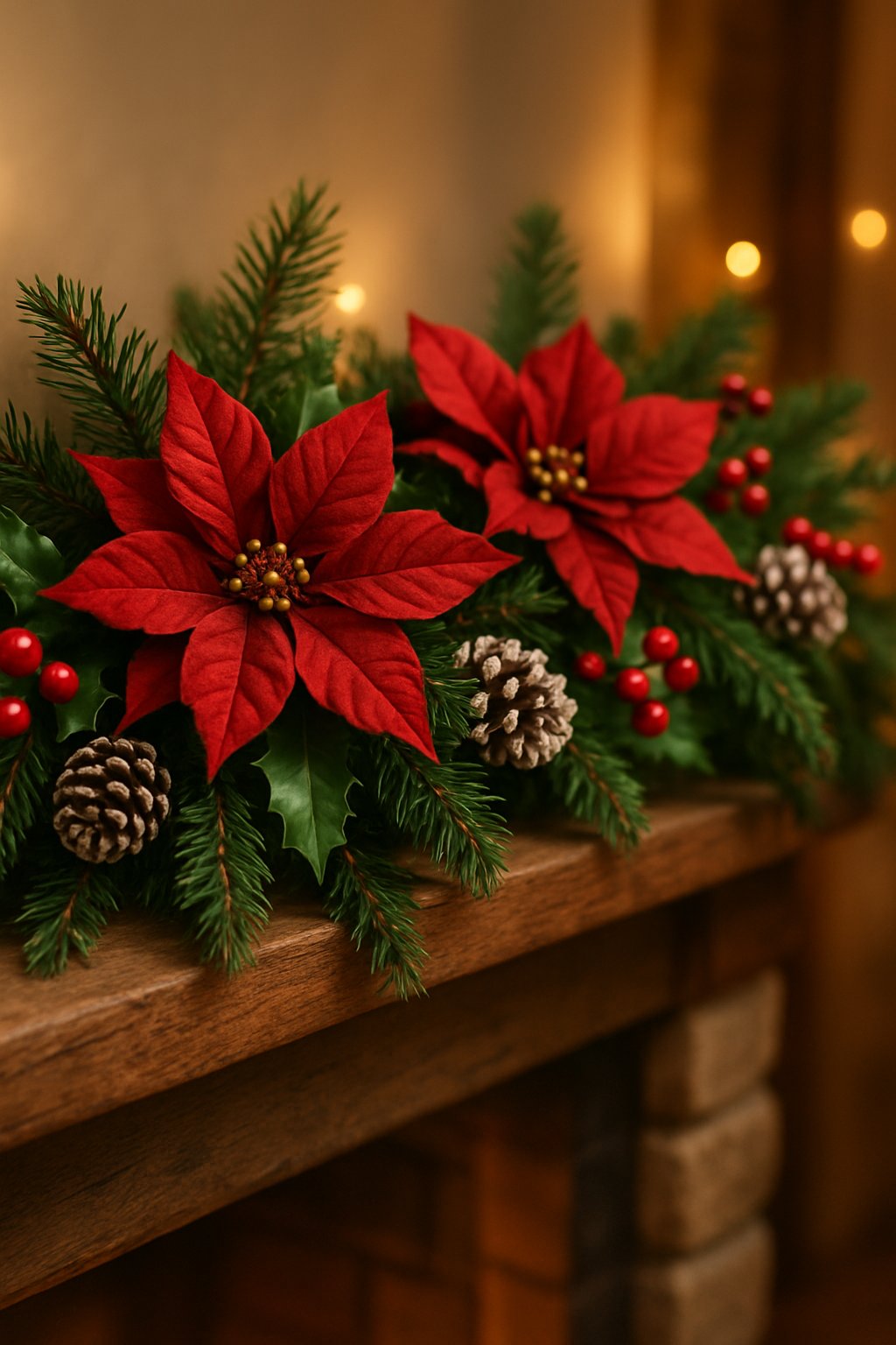 A festive poinsettia floral garland draped over a wooden mantelpiece with red flowers, green pine branches, and holiday decorations.
