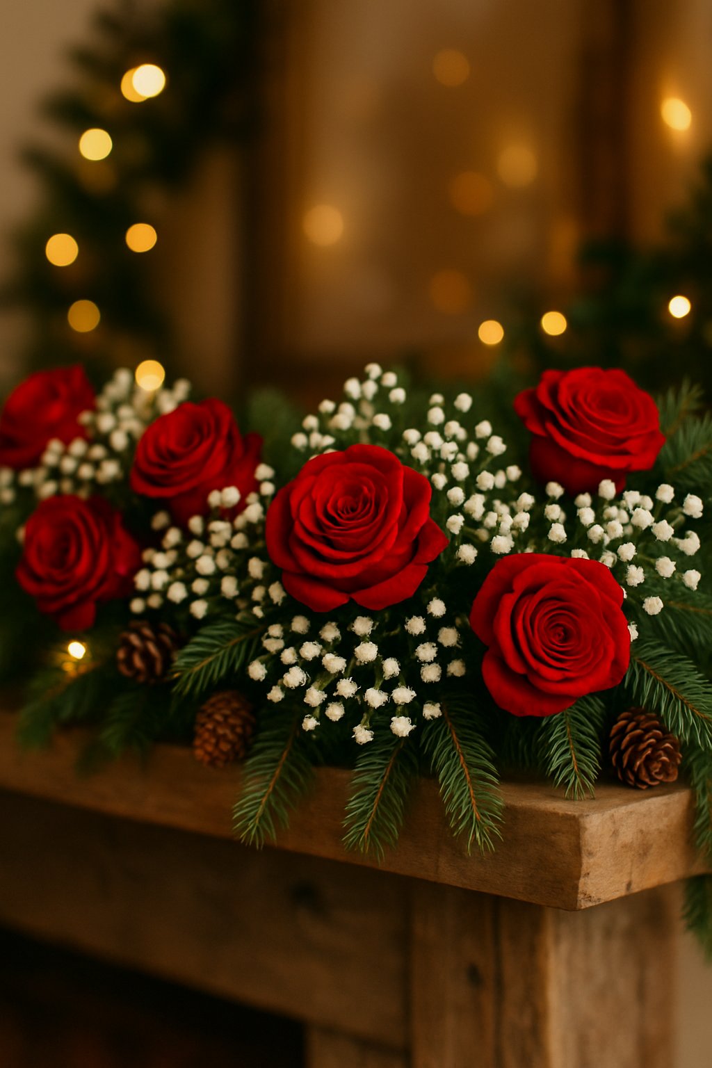 A Christmas flower garland made of red roses and white baby's breath draped on a wooden mantel with pine cones and fairy lights.