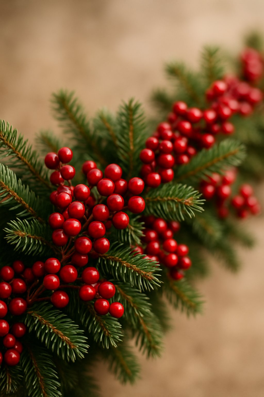 Close-up of a Christmas garland made of red winterberries and green spruce branches.
