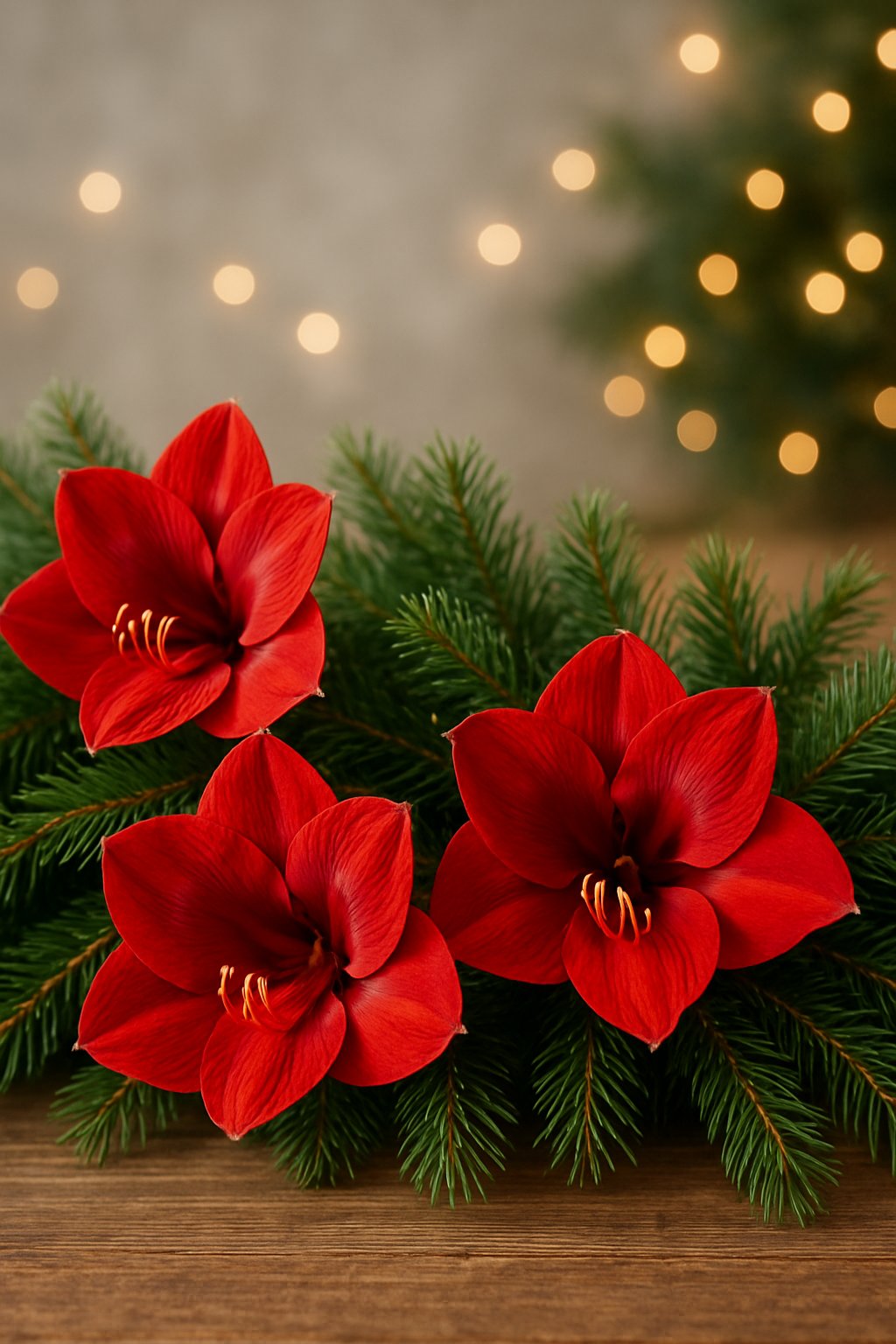 A Christmas garland made of red amaryllis flowers and green pine needles arranged on a wooden surface.