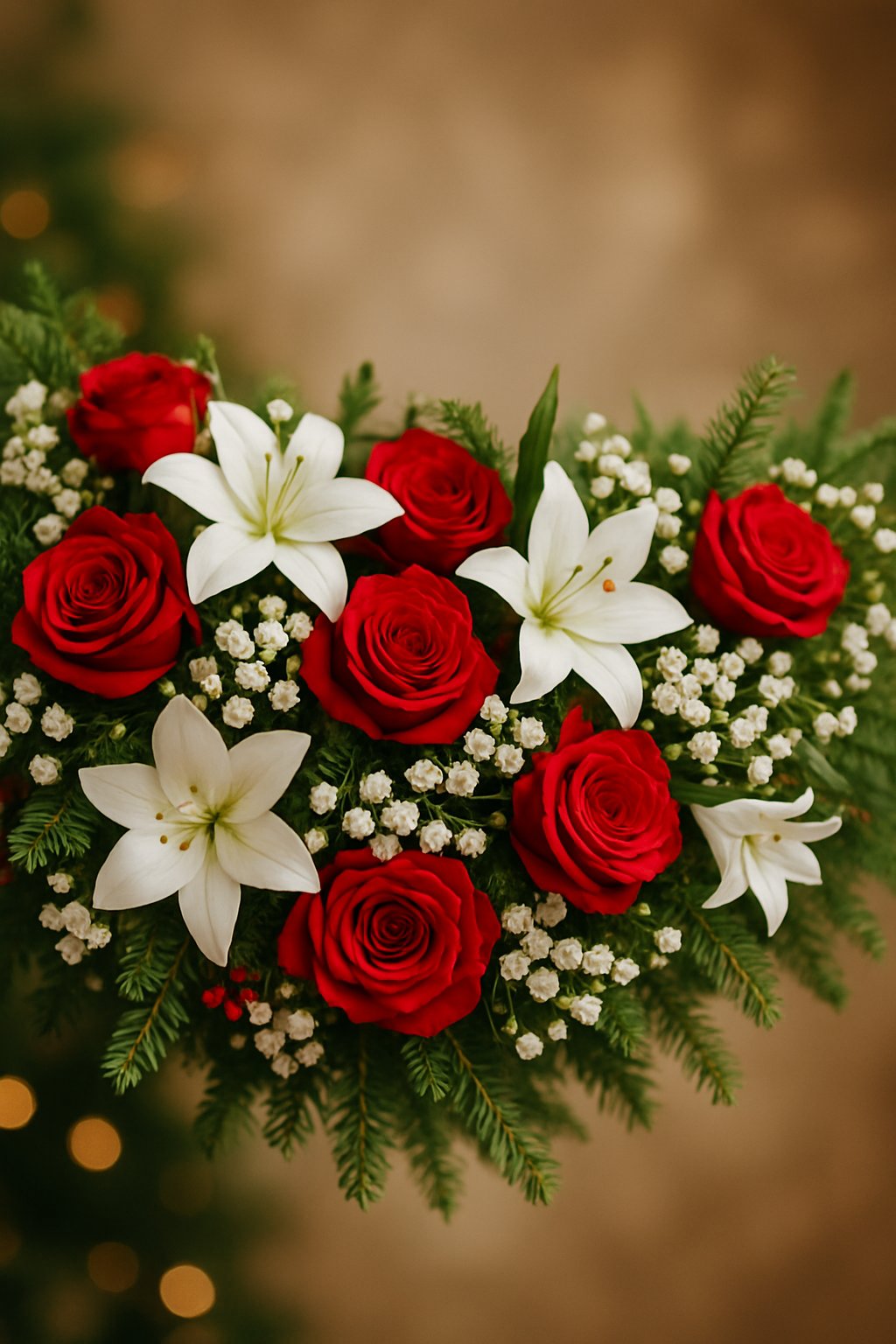 A close-up of a festive garland made of red and white flowers with green leaves.