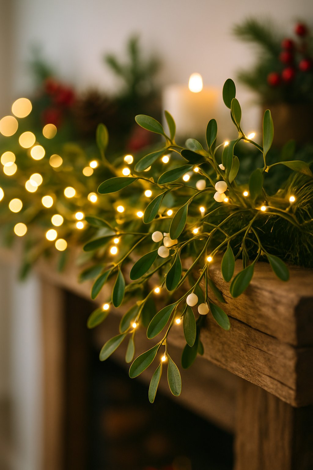 A close-up of a fairy light garland with green mistletoe and white berries hanging on a wooden mantelpiece, softly lit with warm white lights.