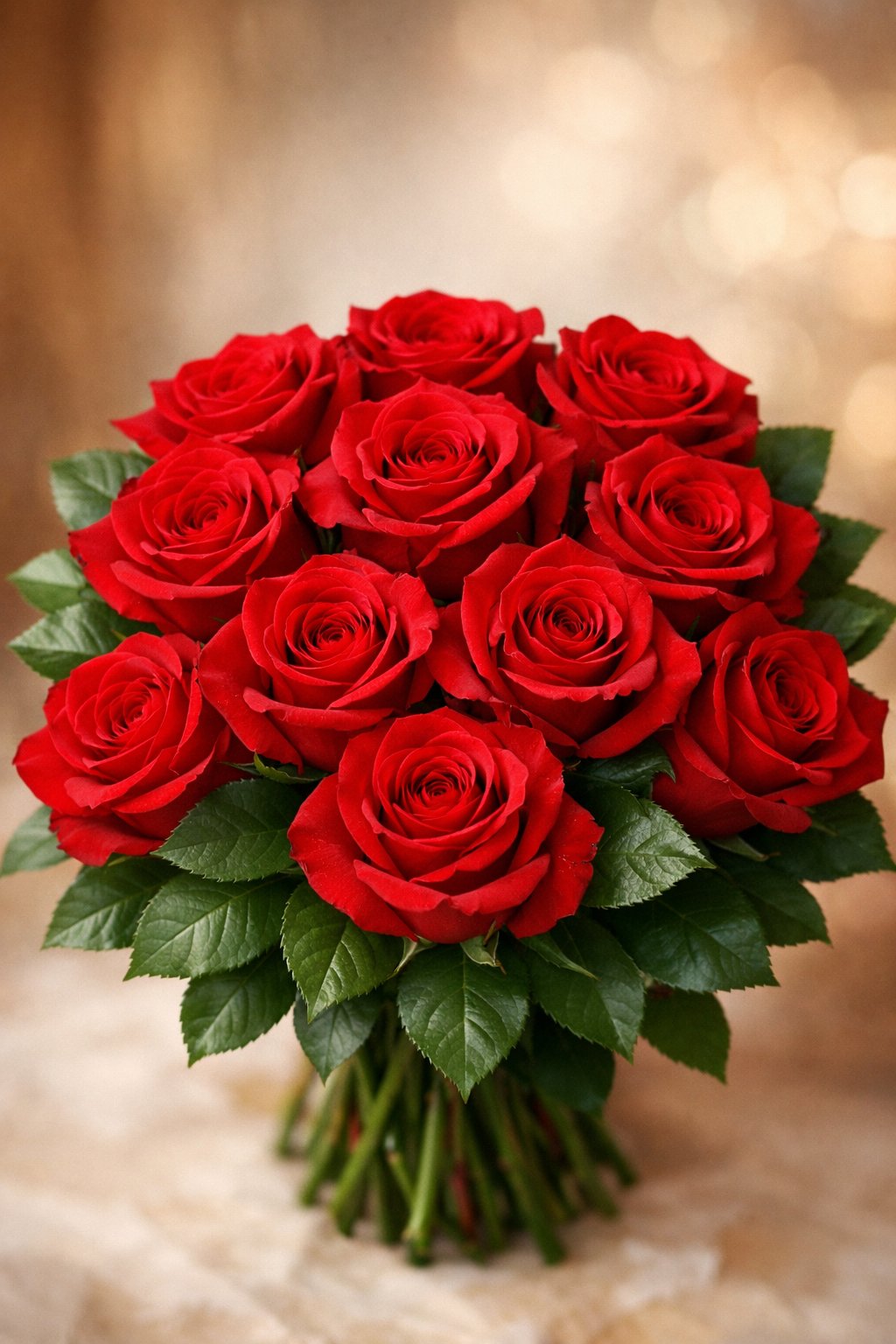 A bouquet of fresh red roses with green leaves against a softly blurred warm background.