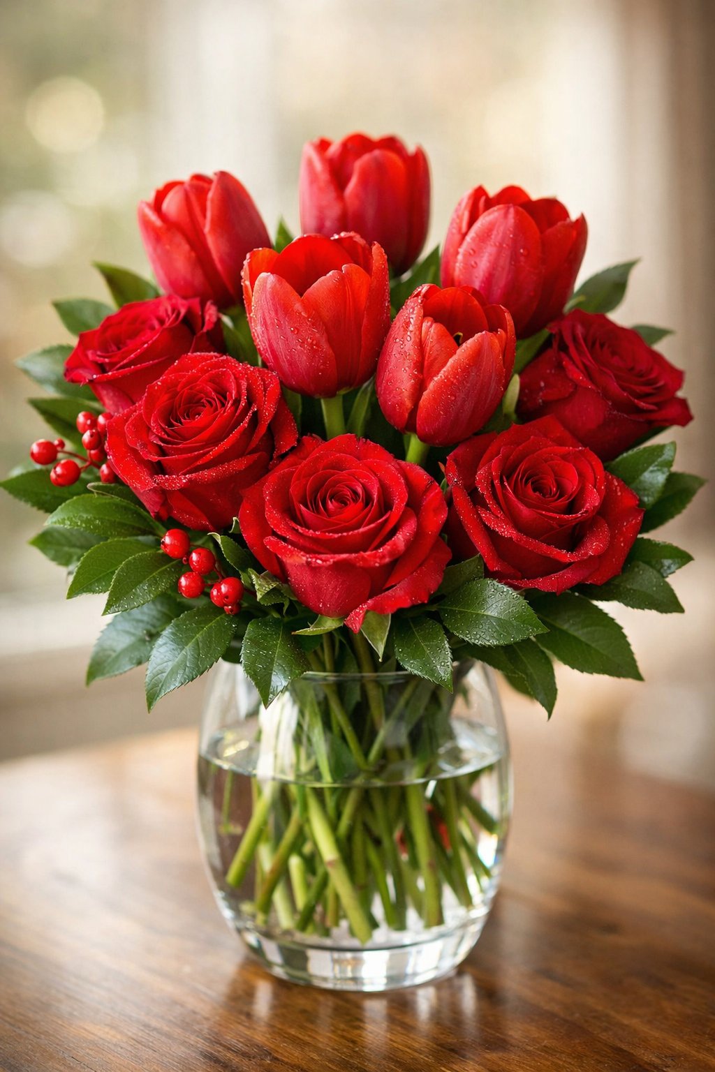 A bouquet of red tulips and red roses in a glass vase with green leaves.