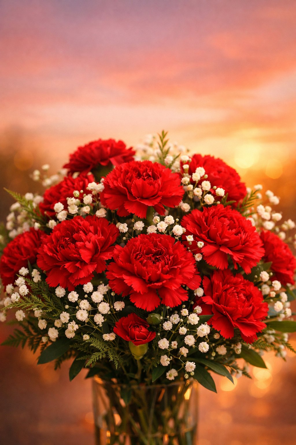 A bouquet of red carnations mixed with greenery and white filler flowers, softly lit by warm sunset light against a blurred warm-toned background.