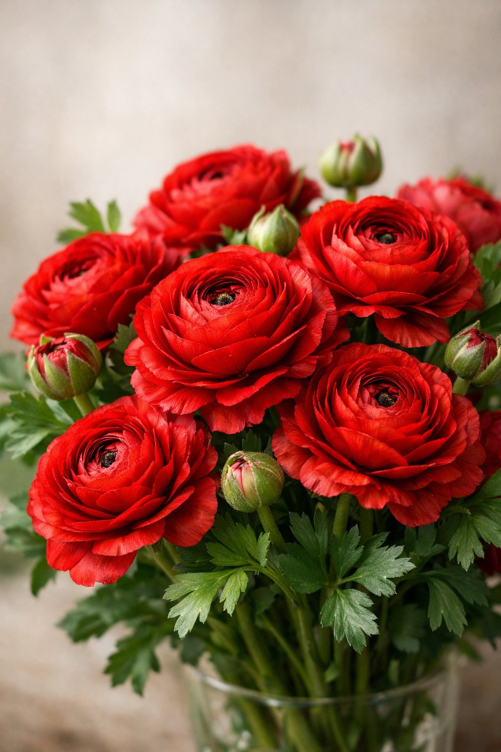 A close-up of a cluster of red ranunculus flowers arranged in a bouquet with green leaves.