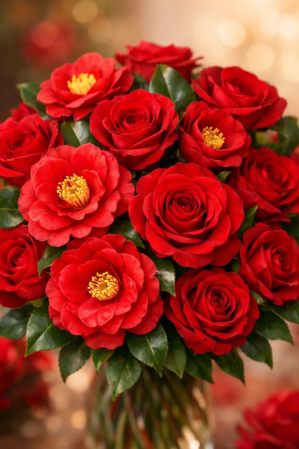 A bouquet of red roses and red camellias with green leaves.