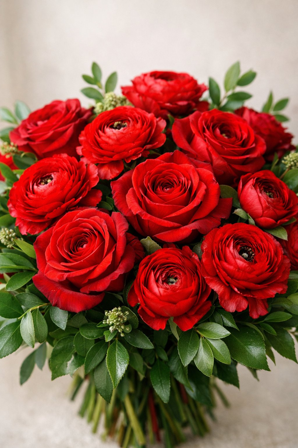 A bouquet of red roses and red ranunculus flowers with green leaves.