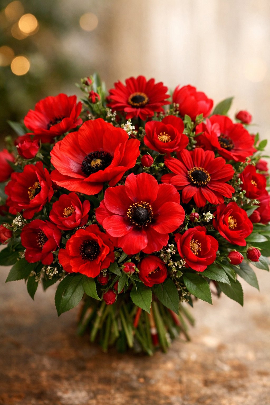 A bouquet of mixed red wildflowers with green leaves arranged together.