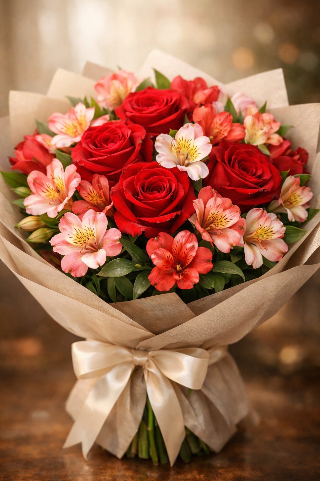 A bouquet of red roses and colorful alstroemeria flowers arranged together with a ribbon.