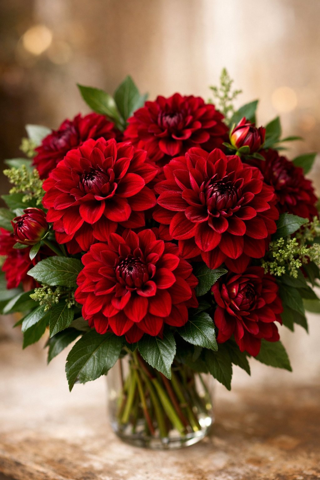 A bouquet of deep red dahlias with green leaves on a softly blurred background.